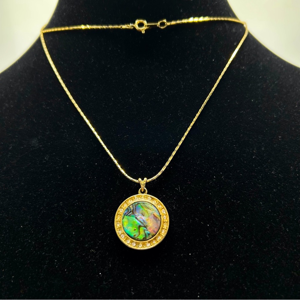 Avon NR, Vintage, Long Gold Chain With Abalone And Crystal Pendant